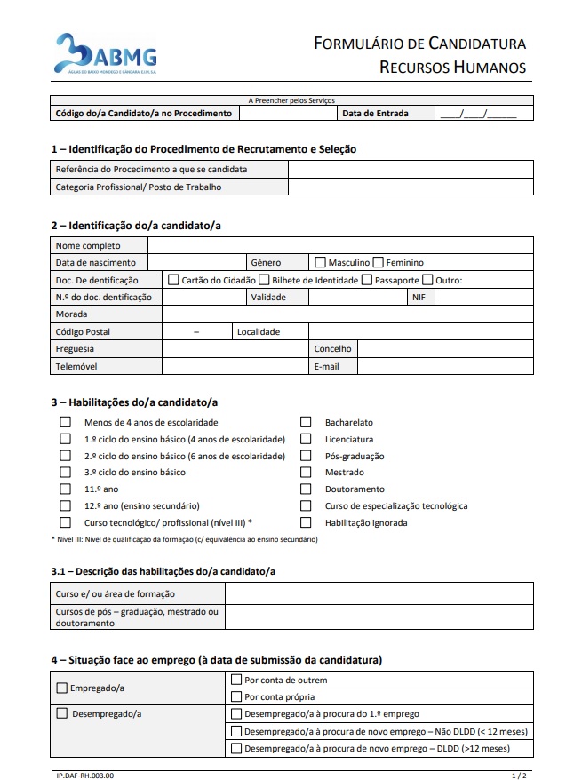 Formulário de Candidatura Recursos Humanos