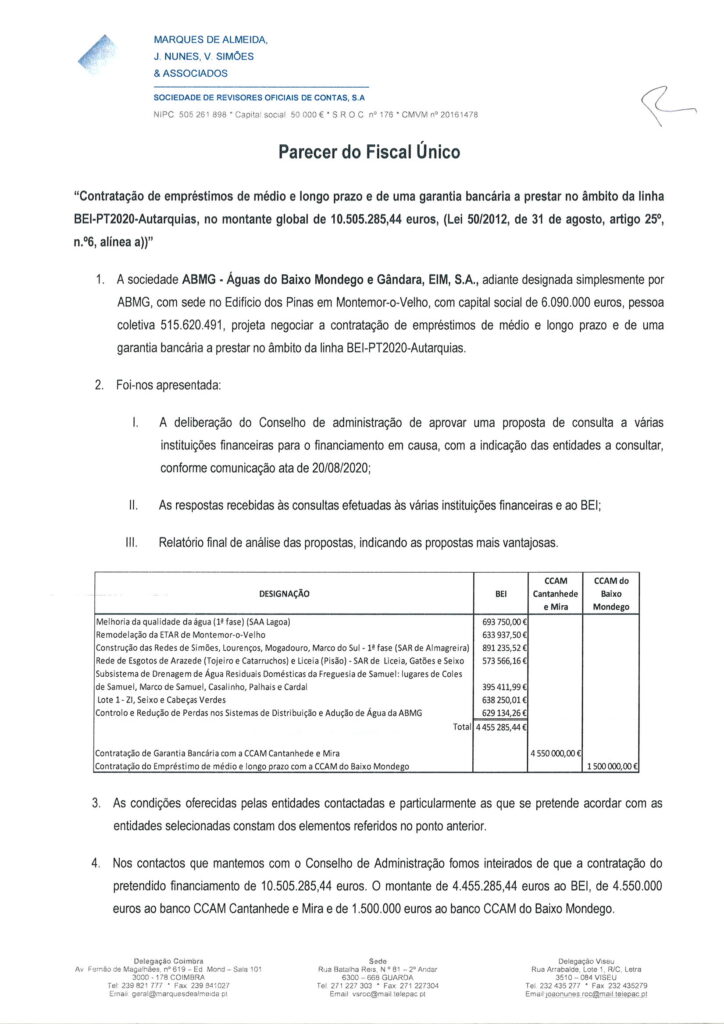 Parecer Fiscal Unico financiamento BEI 4 455 000 euros financiamento banca 1 500 000 euros e GB 4 550 000 euros 2021 Page 1